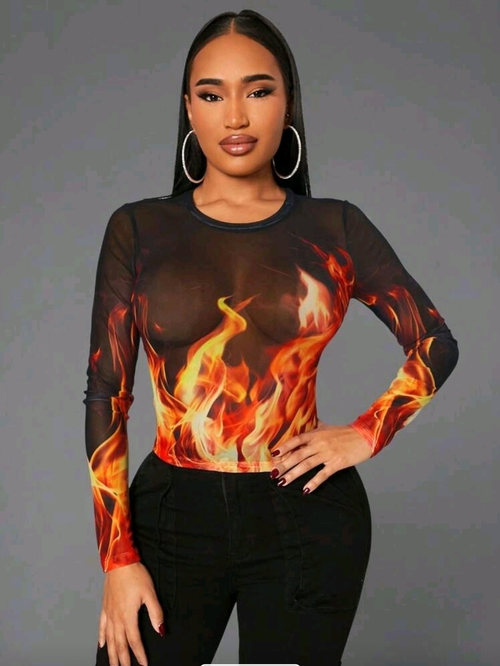Sheer Flame-Print Long Sleeve Crop Top - Black/Orange